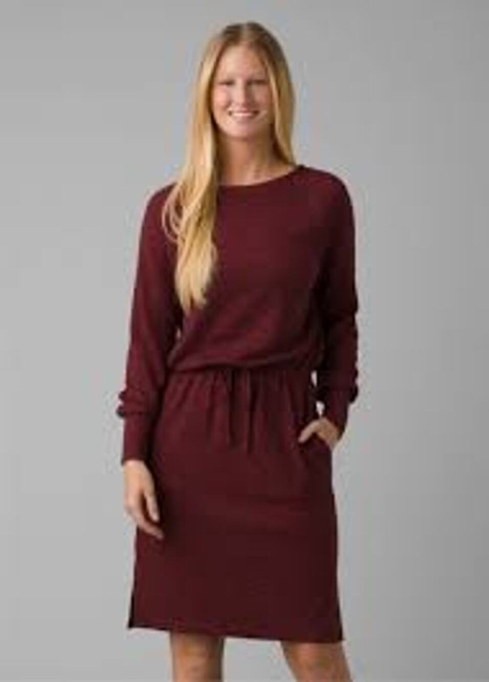 PrAna Sunrise Long Sleeve Dress S Maroon Drawstring Knit Granola Gorpcore Travel
